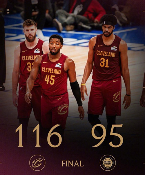 骑士大胜活塞迎3连胜,米切尔35分,坎宁安14中3